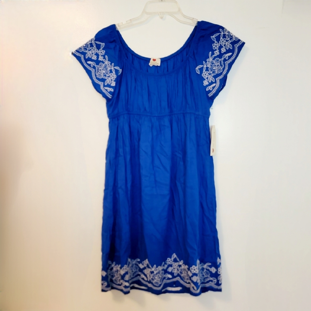 Blue Embroidered Short Sleeve Dress